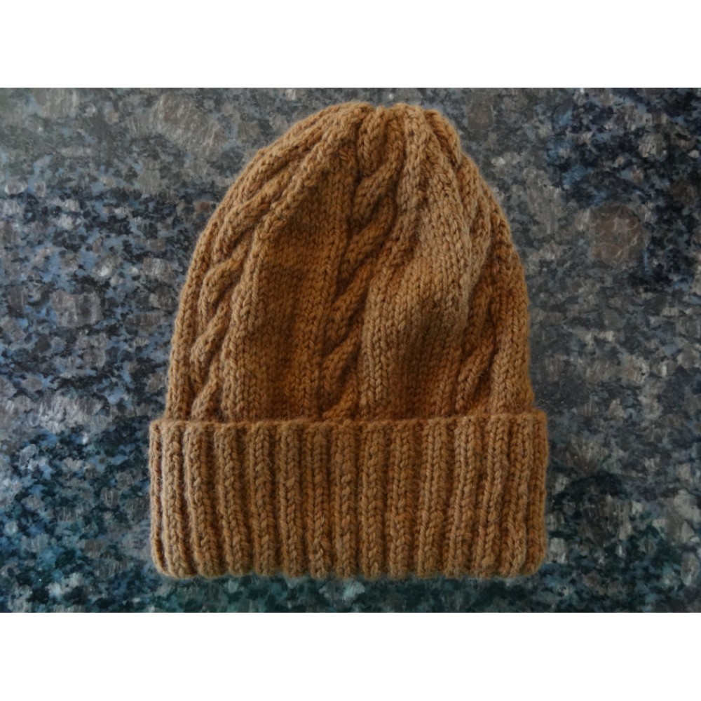 Alpaca Cable Hat With Turned-Up Ribbing - Chestnut Adult